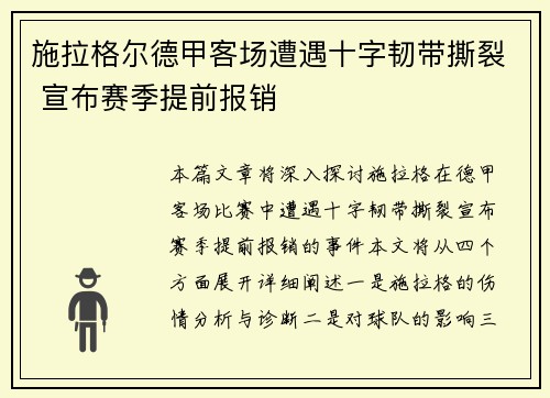 施拉格尔德甲客场遭遇十字韧带撕裂 宣布赛季提前报销
