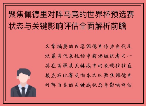 聚焦佩德里对阵马竞的世界杯预选赛状态与关键影响评估全面解析前瞻